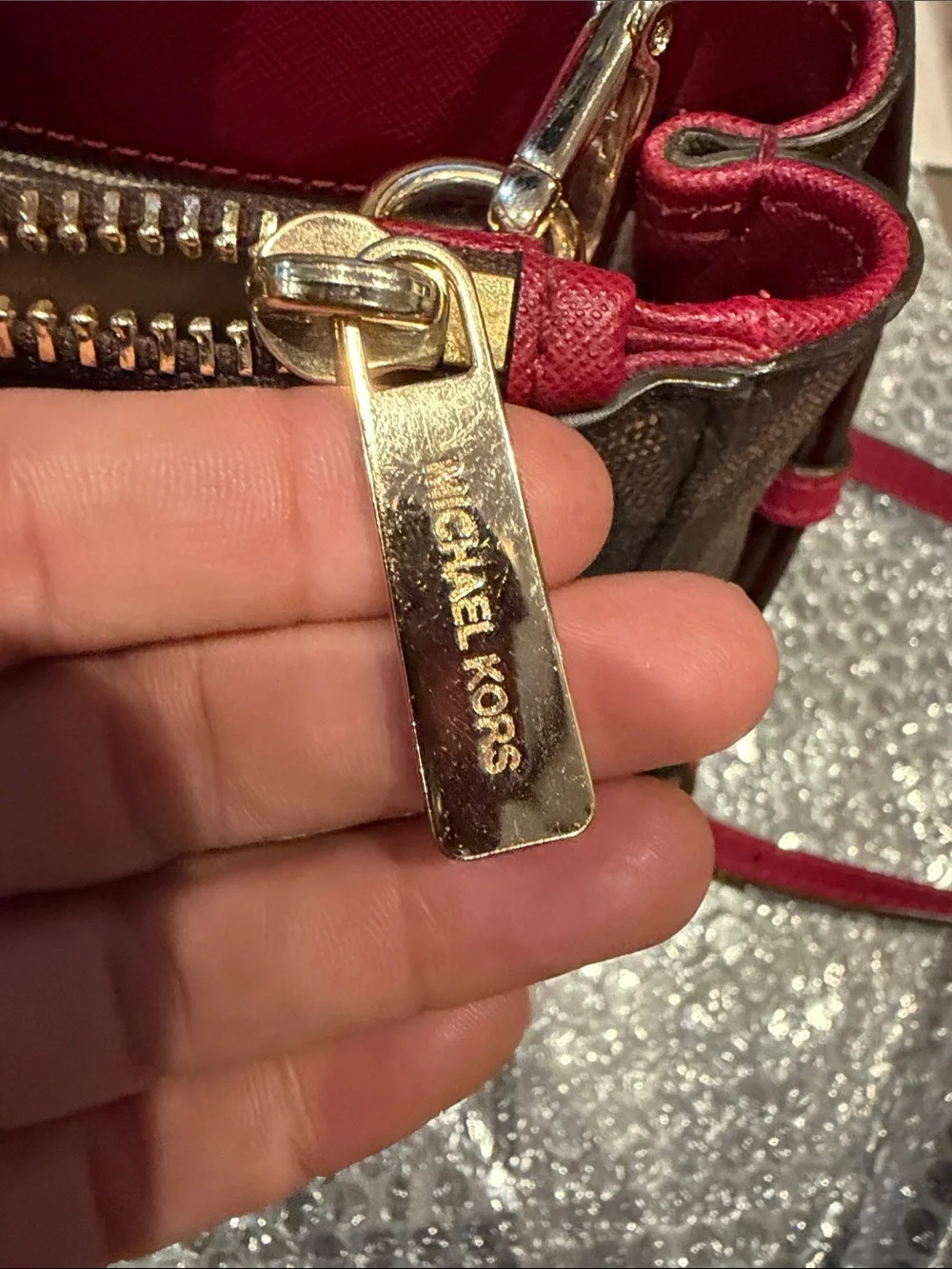 Michael Kors Brown & Red Logo Satchel with Gold Hardware